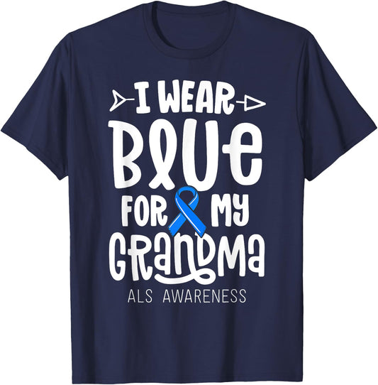Blue Ribbon For Grandma Disease ALS Awareness Family Cure T-Shirt - T-Shirt | Navy