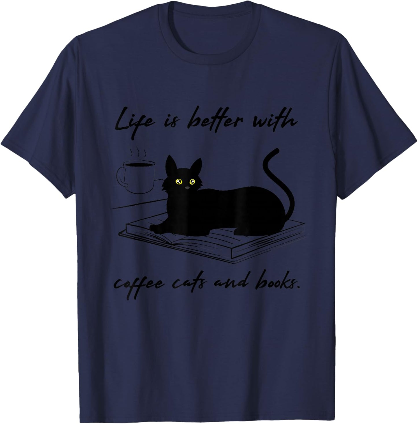 Coffe, Cats and Reading Books Ironic T-Shirt - T-Shirt | Navy