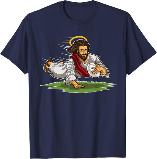 Rugby Jesus Scores Funny Rugby Illustration T-Shirt - T-Shirt | Navy