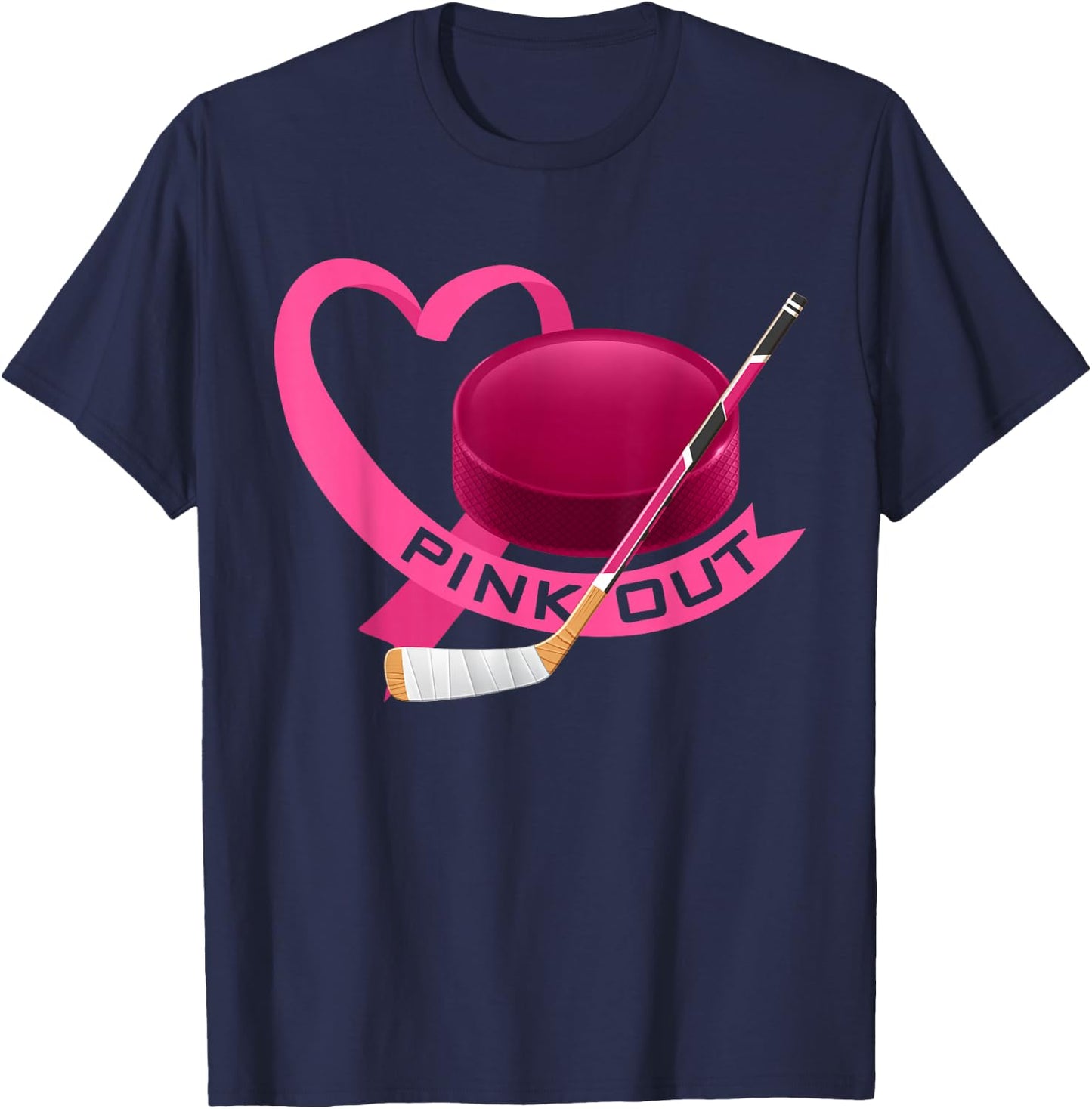 Pink Out Breast Cancer Pink Ribbon Heart & Ice Hockey Puck T-Shirt - T-Shirt | Navy