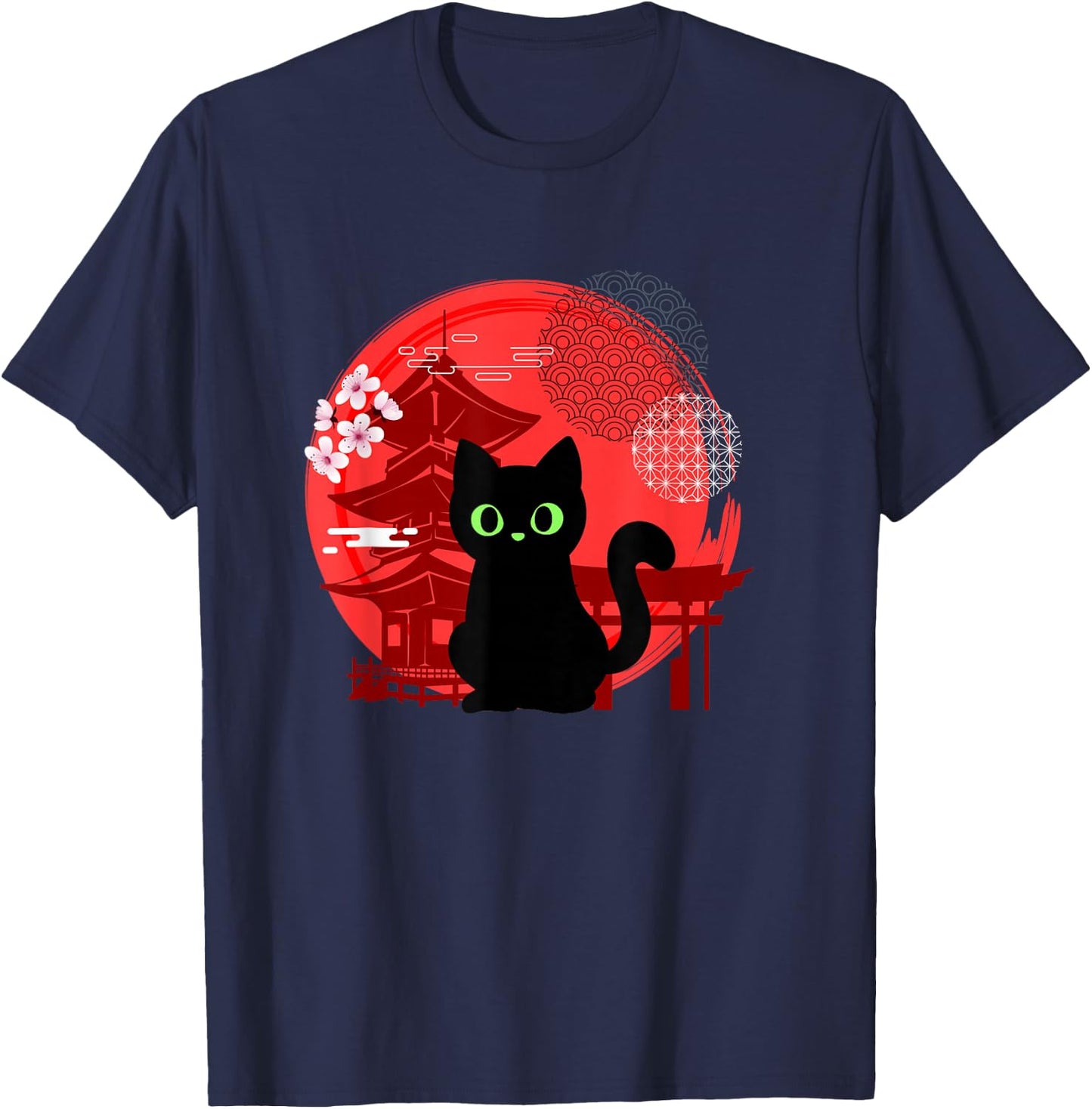Japanese Cat Silhouette Flower Kitten Anime Lover Cat T-Shirt - T-Shirt | Navy