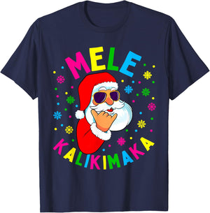 Mele Kalikimaka Christmas Santa Claus Shaka Hawaii Gift T-Shirt - T-Shirt | Navy