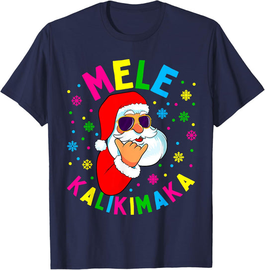 Mele Kalikimaka Christmas Santa Claus Shaka Hawaii Gift T-Shirt - T-Shirt | Navy