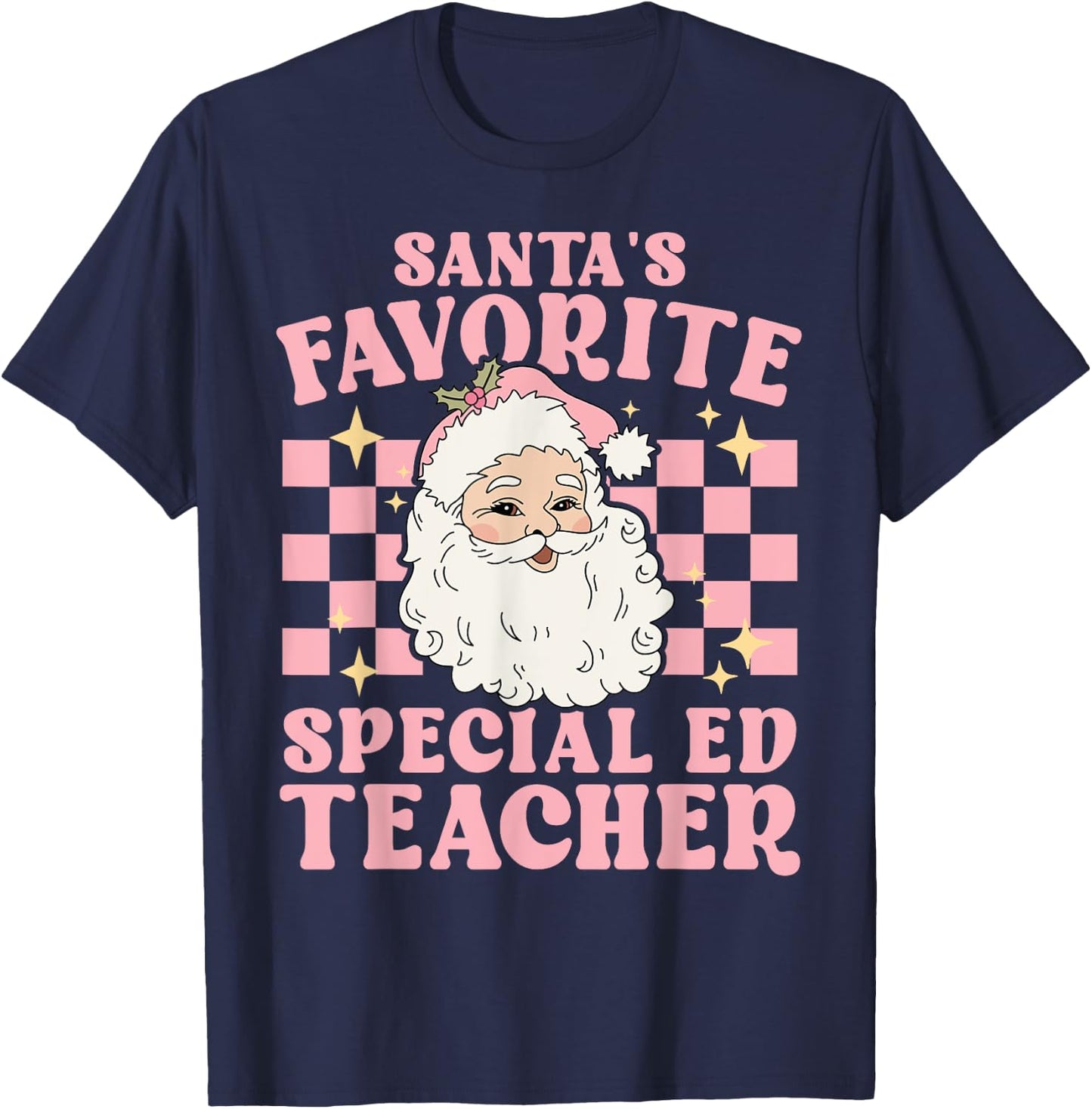 Vintage Pink Christmas Santas Favorite Special Ed Teacher T-Shirt - T-Shirt | Navy
