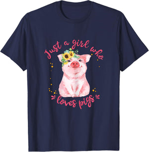 Just A Girl Who Loves Pigs Sunflower Cute Pig Lover T-Shirt - T-Shirt | Navy