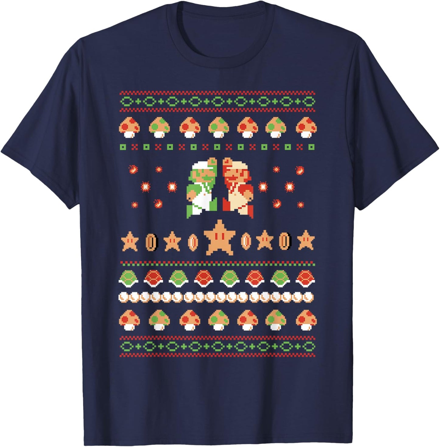 Super Mario 8-Bit Christmas Sweater Style T-Shirt - T-Shirt | Navy
