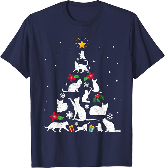 Funny Cat Christmas Tree Women Kids T-Shirt - T-Shirt | Navy
