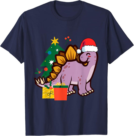 Cute Stegosaurus Dinosaur Santa Merry Christmas T-Shirt - T-Shirt | Navy
