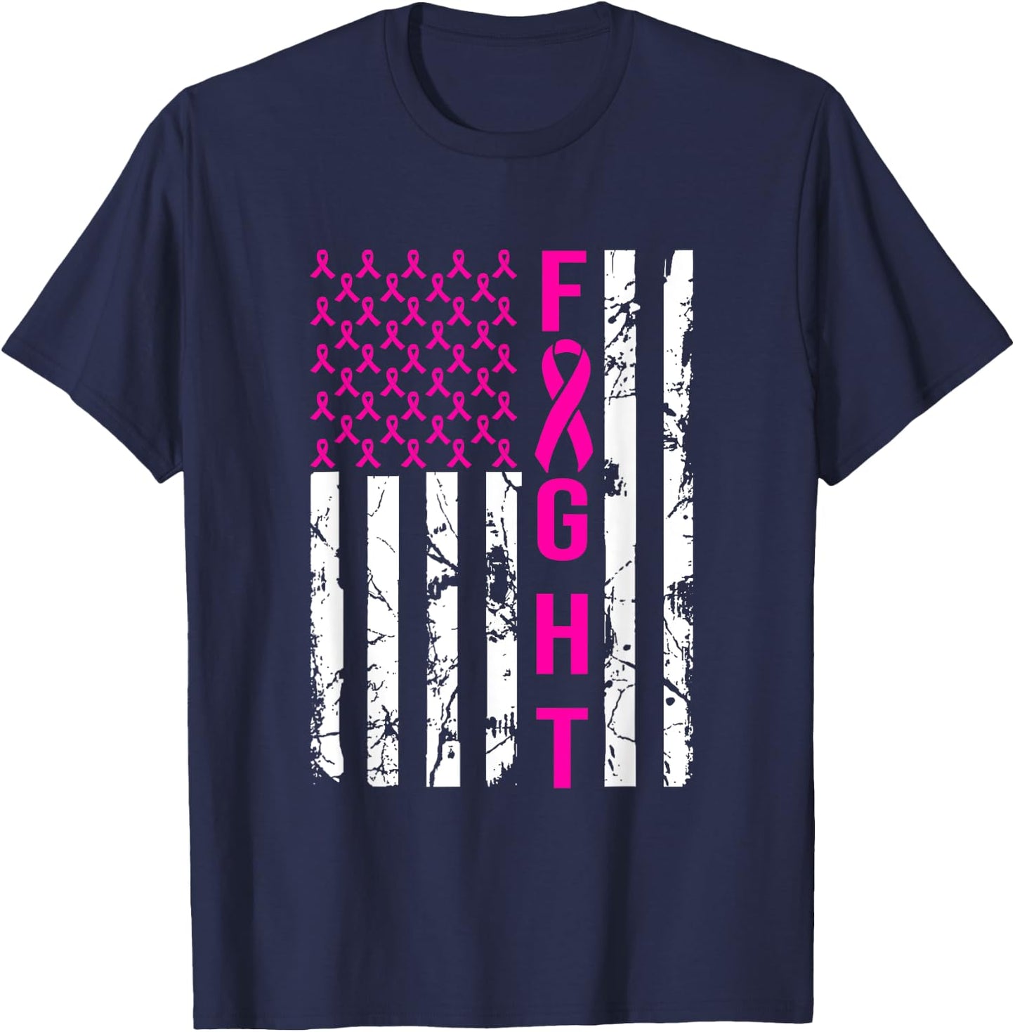 Breast Cancer Awareness FIGHT American Flag Pink Ribbon Women Men T-Shirt - T-Shirt | Navy