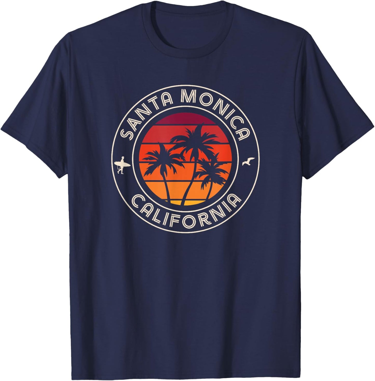 California Sunset Surfer and Seagull Santa Monica Beach T-Shirt - T-Shirt | Navy