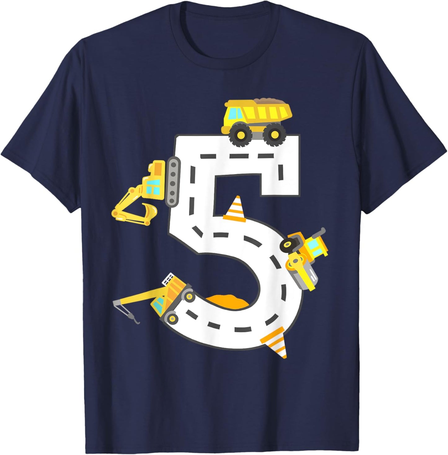 5th Construction Birthday Party Excavator Boys 5 Years Old T-Shirt - T-Shirt | Navy