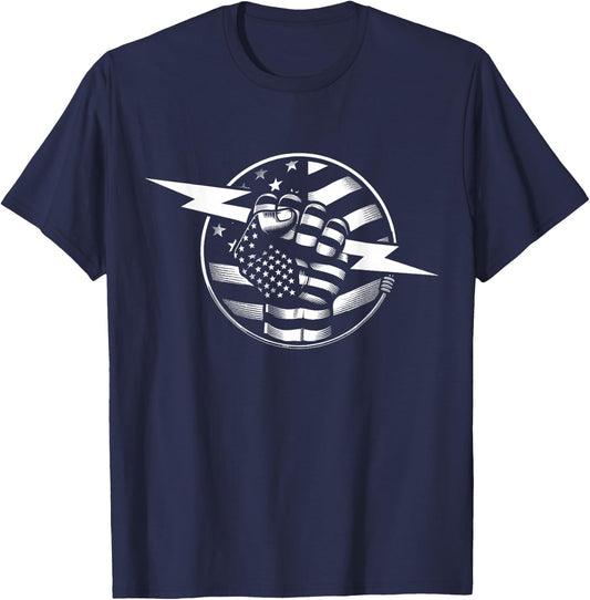 Electrician Hero American Flag Electrical Worker T-Shirt - T-Shirt | Navy