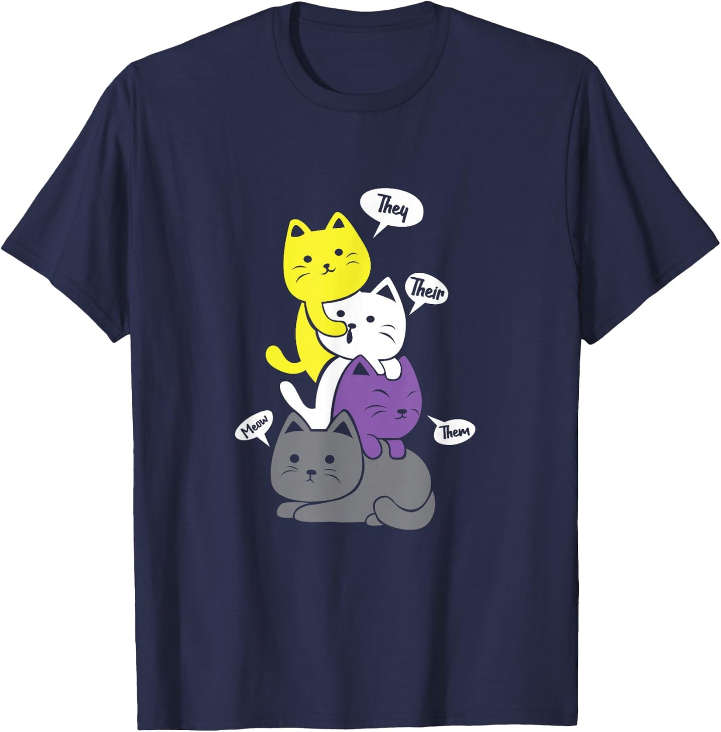 Nonbinary They Their Them Meow Cute Non-Binary Flag Kawaii Small T-Shirt - T-Shirt | Navy