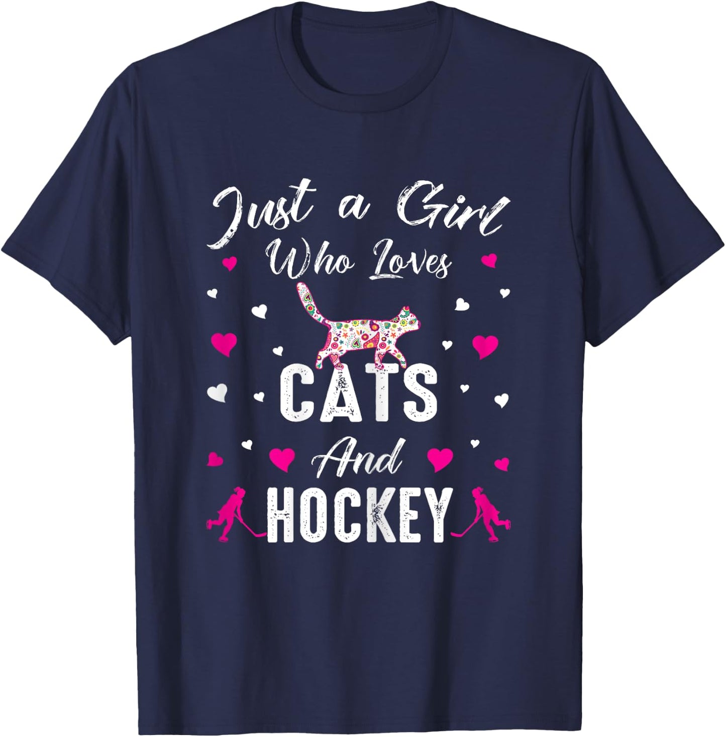Just A Girl Who Loves Cats And Ice Hockey Cat Lover T-Shirt - T-Shirt | Navy