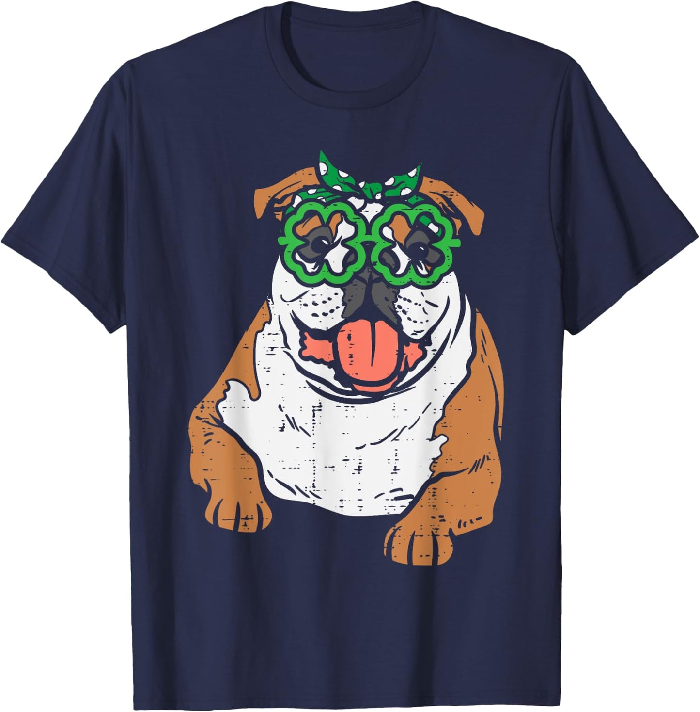 English Bulldog Shamrock Glasses St Patricks Day Dog Gift Women Kids T-Shirt - T-Shirt | Navy