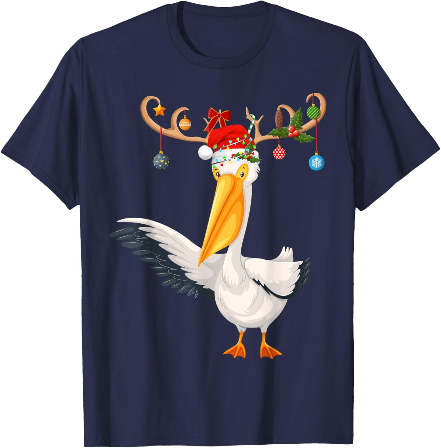 Pelican Bird Xmas Gift Reindeer Santa Hat Pelican Christmas T-Shirt - T-Shirt | Navy
