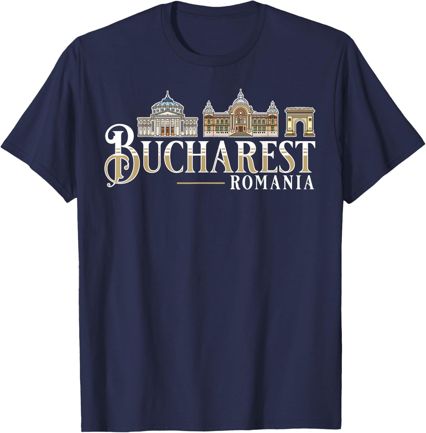 Bucharest Romania City Skyline Map Travel T-Shirt - T-Shirt | Navy