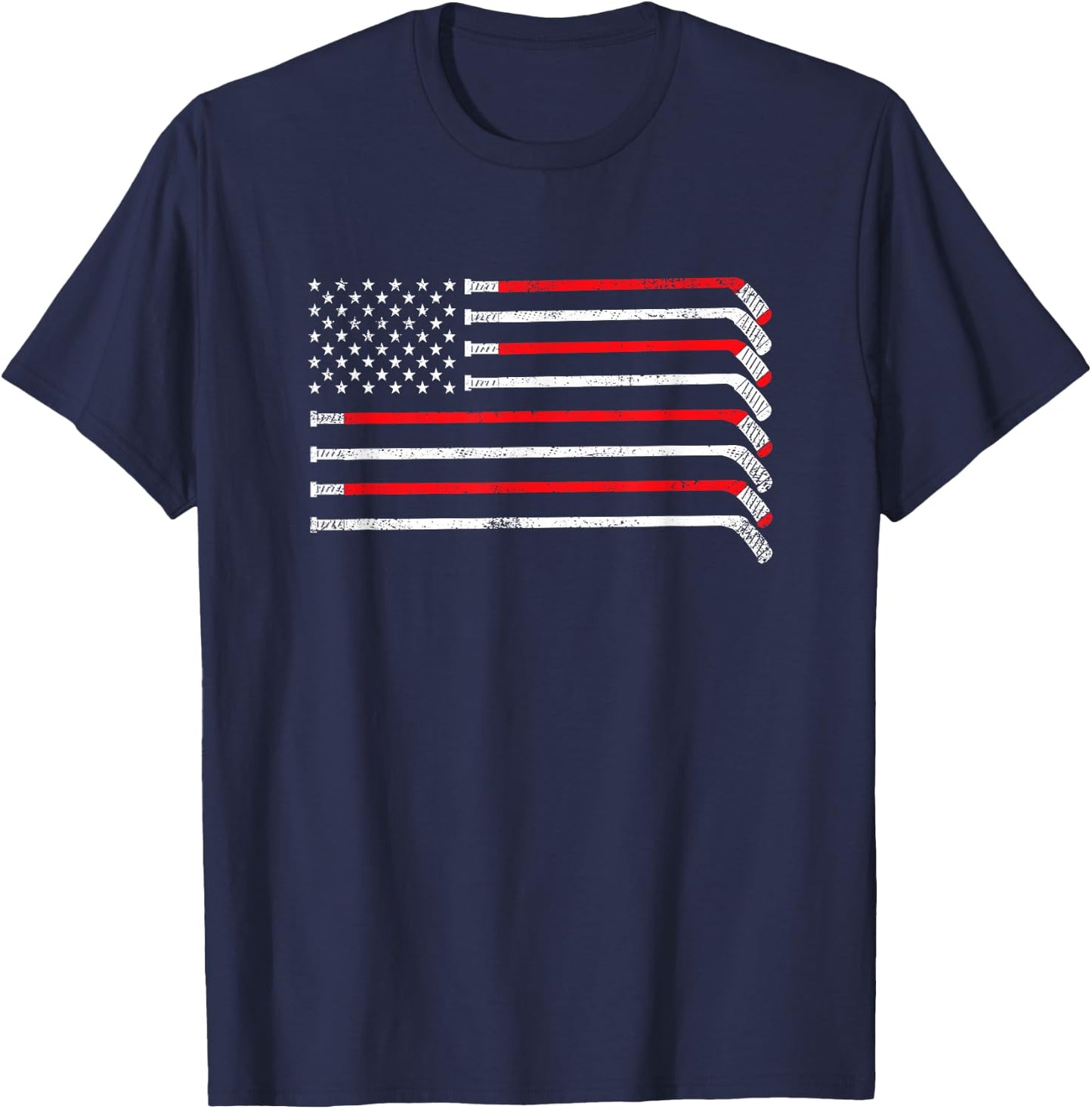 Hockey Stick USA Flag Faded Hockey Player T-Shirt - T-Shirt | Navy