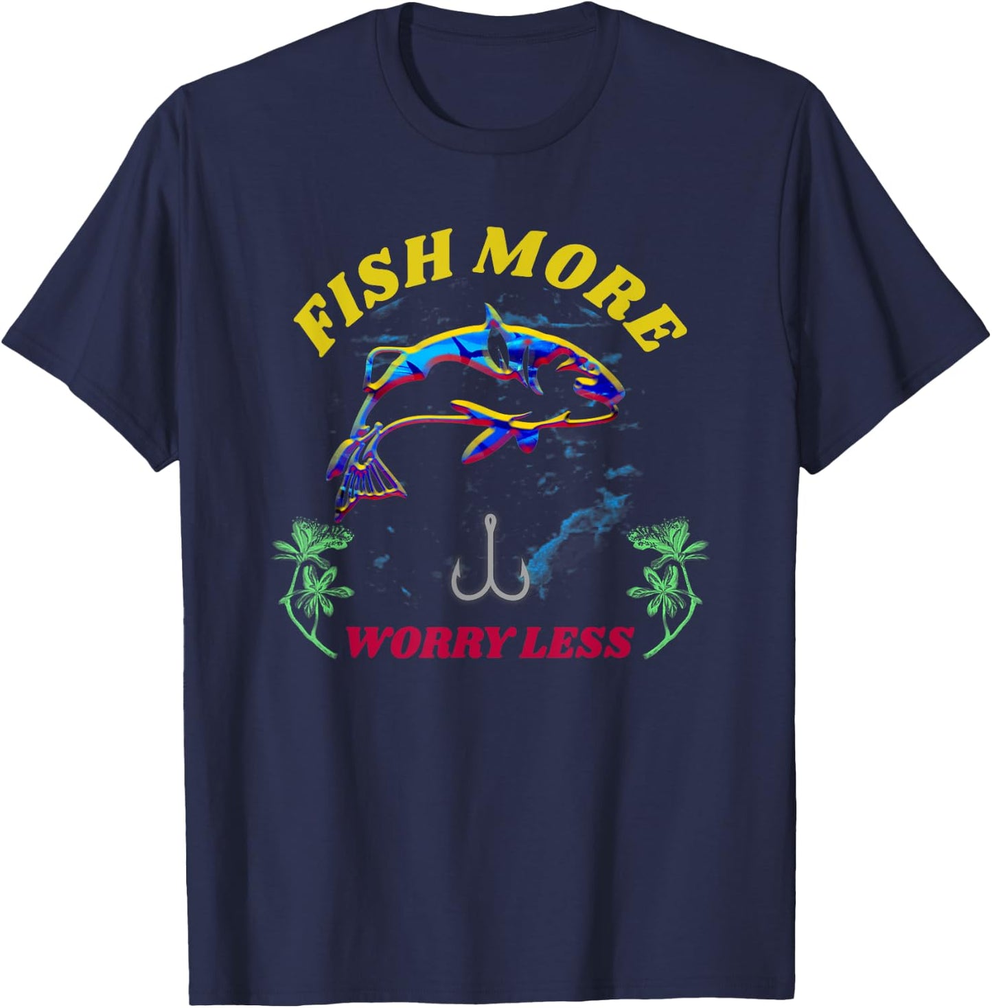 VINTAGE Distressed Fish More Worry Less SHIRT Fisherman GIFT T-Shirt - T-Shirt | Navy
