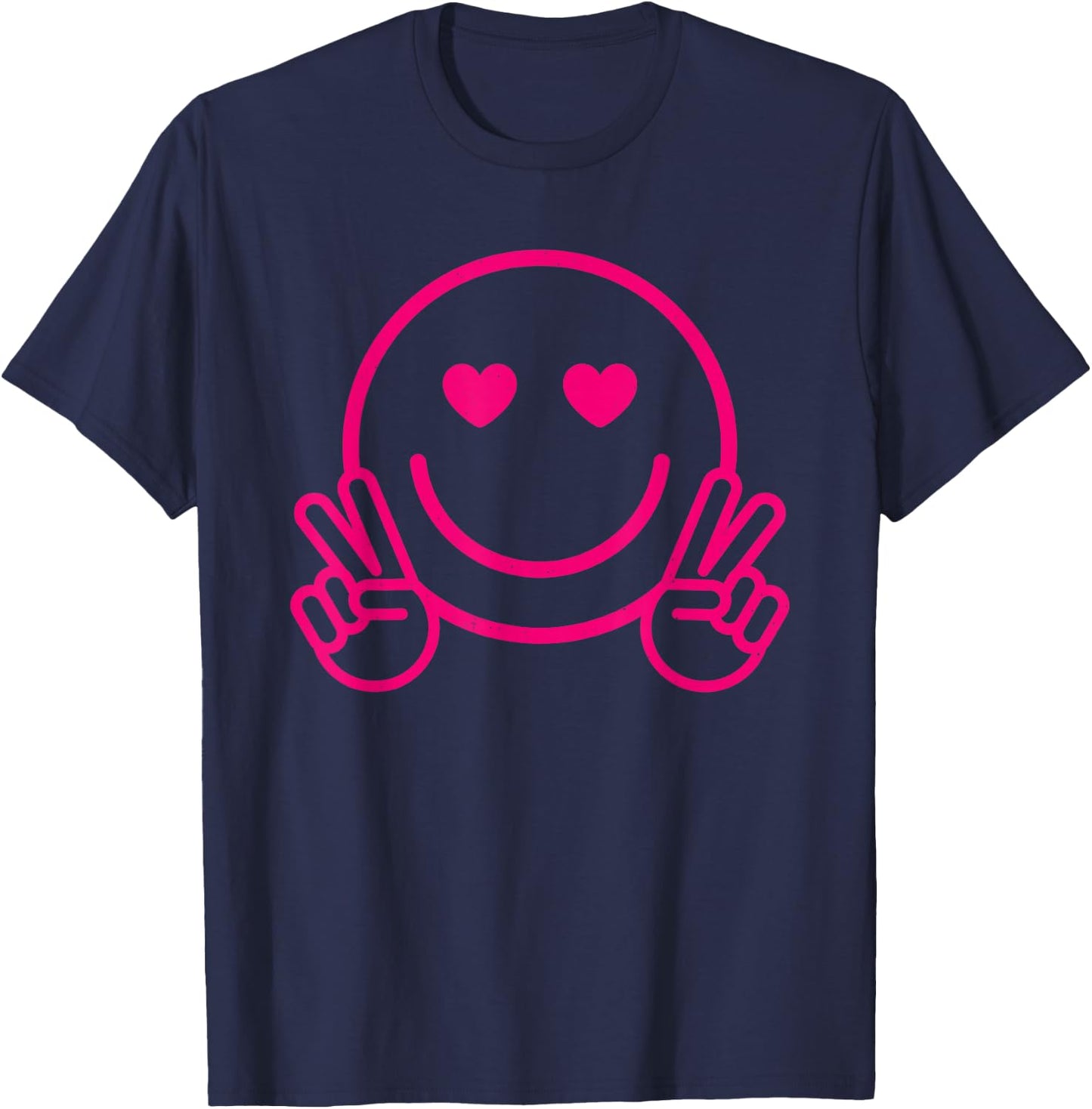 Pink Love Heart Eyes Smile Face Funny Peace Hand Happy Face T-Shirt - T-Shirt | Navy