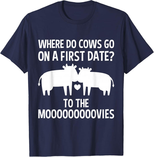 Funny Cow Design Cows Date in the Moovies Farming Pun Nerd T-Shirt - T-Shirt | Navy