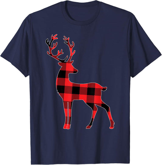 Red Plaid Reindeer Deer Christmas Buffalo Family Pajama T-Shirt - T-Shirt | Navy