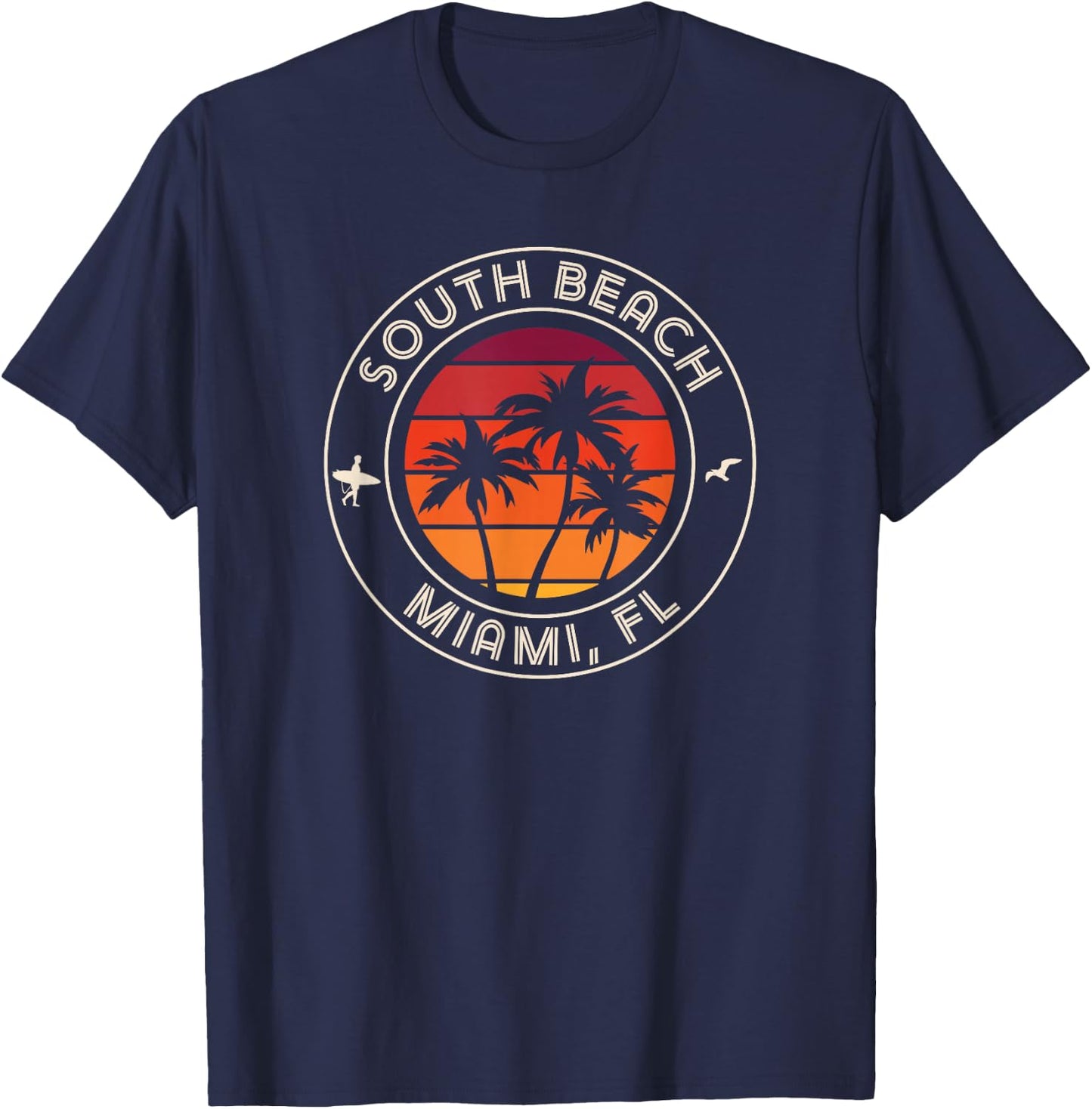 Miami Sunset Surfer and Seagull South Beach T-Shirt - T-Shirt | Navy