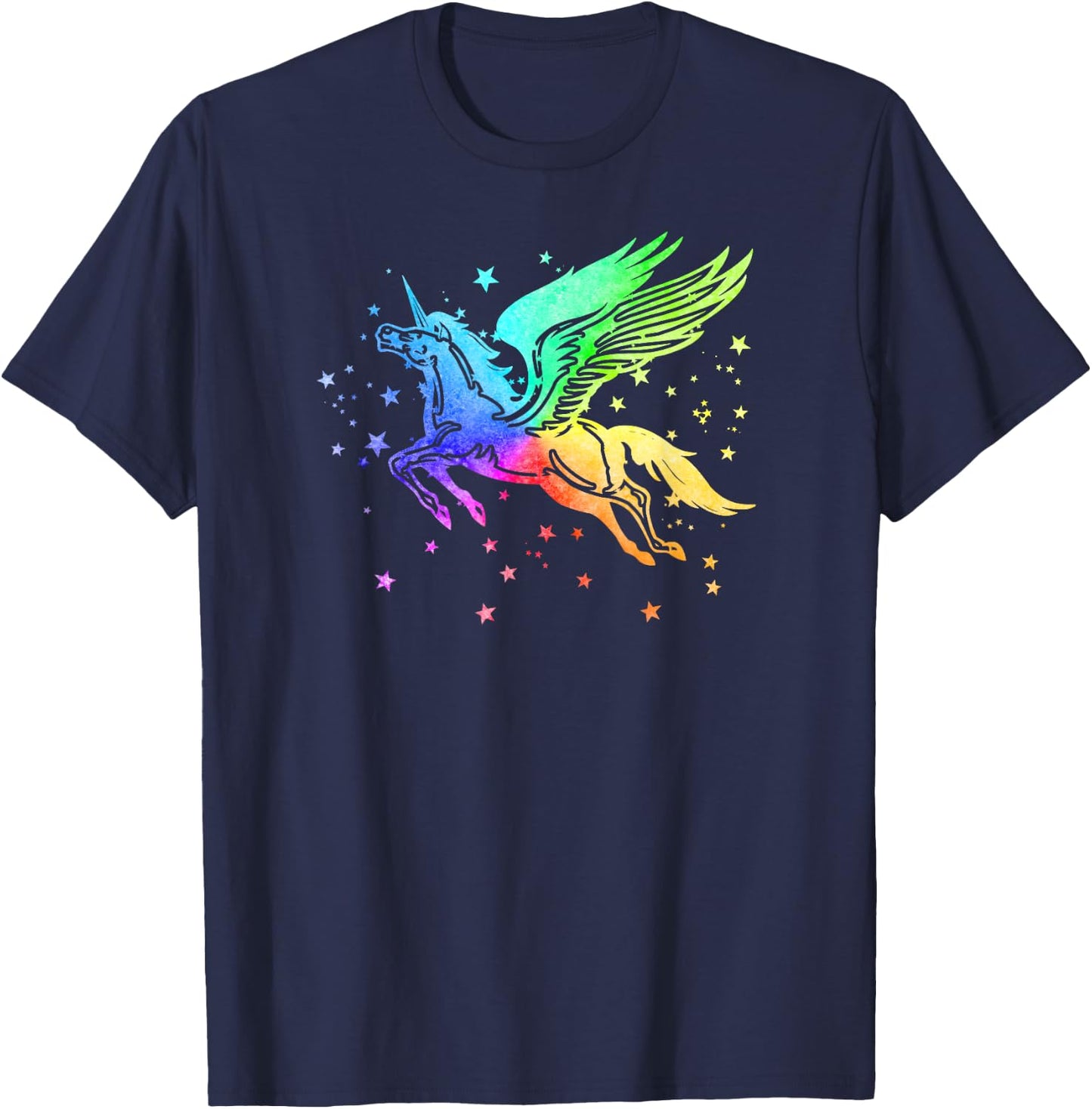 Unicorn Winged Pegasus Horse Rainbow Space Galaxy Stars Girl T-Shirt - T-Shirt | Navy