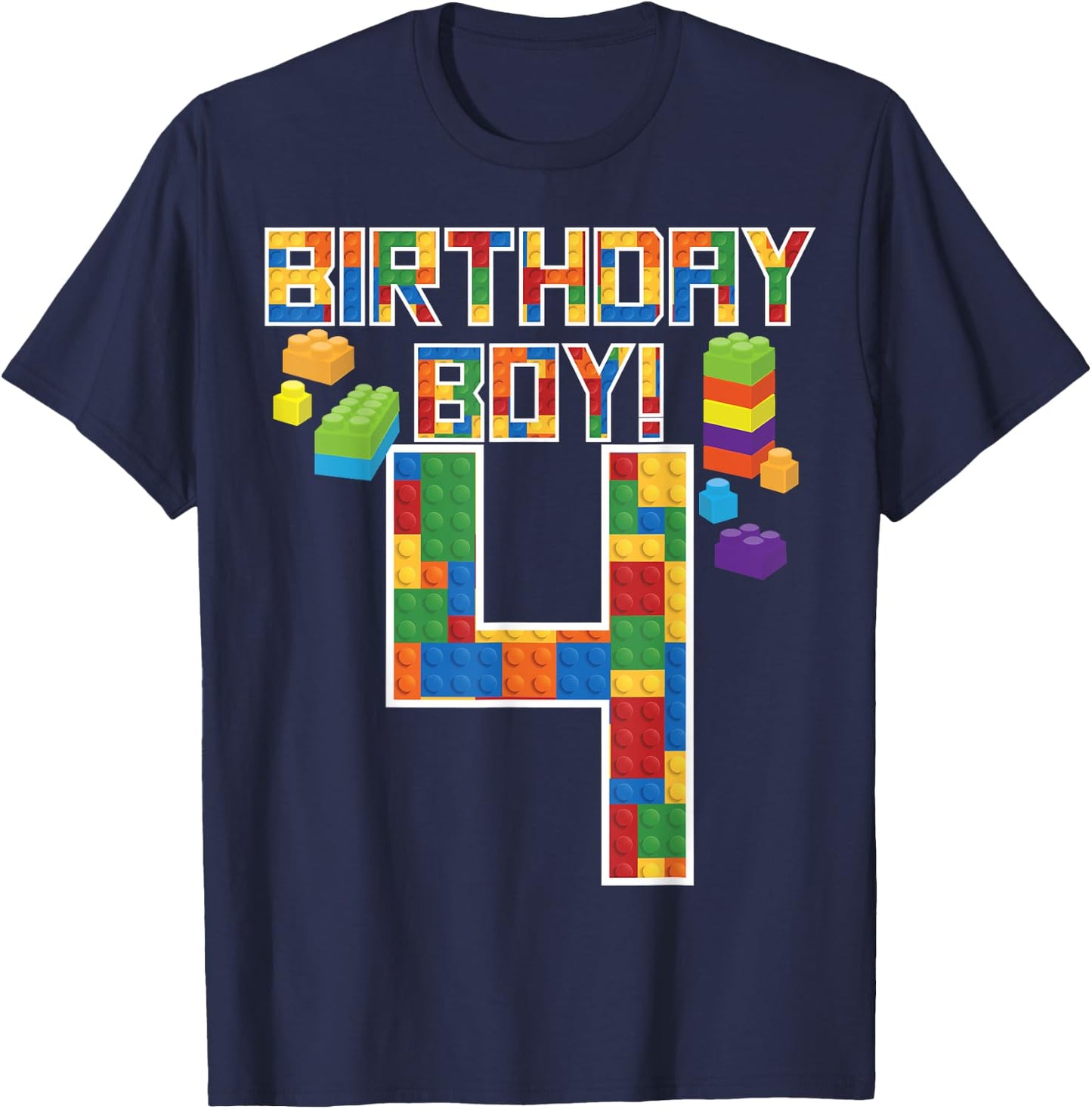 Cute 4th Birthday Gift 4 Years Old Block Building Boys Kids T-Shirt - T-Shirt | Navy