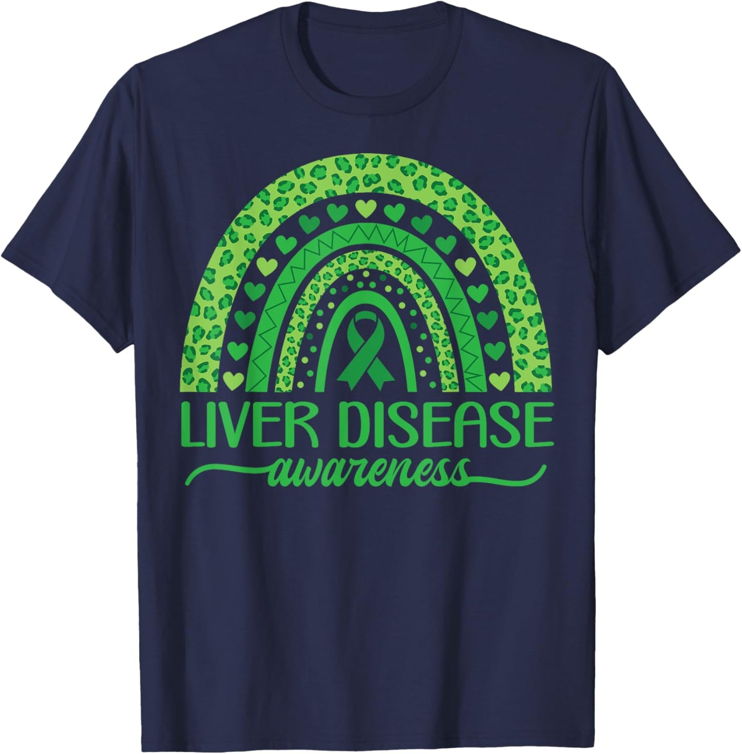 Boho Rainbow Liver Cancer Awareness with Green Ribbon T-Shirt - T-Shirt | Navy