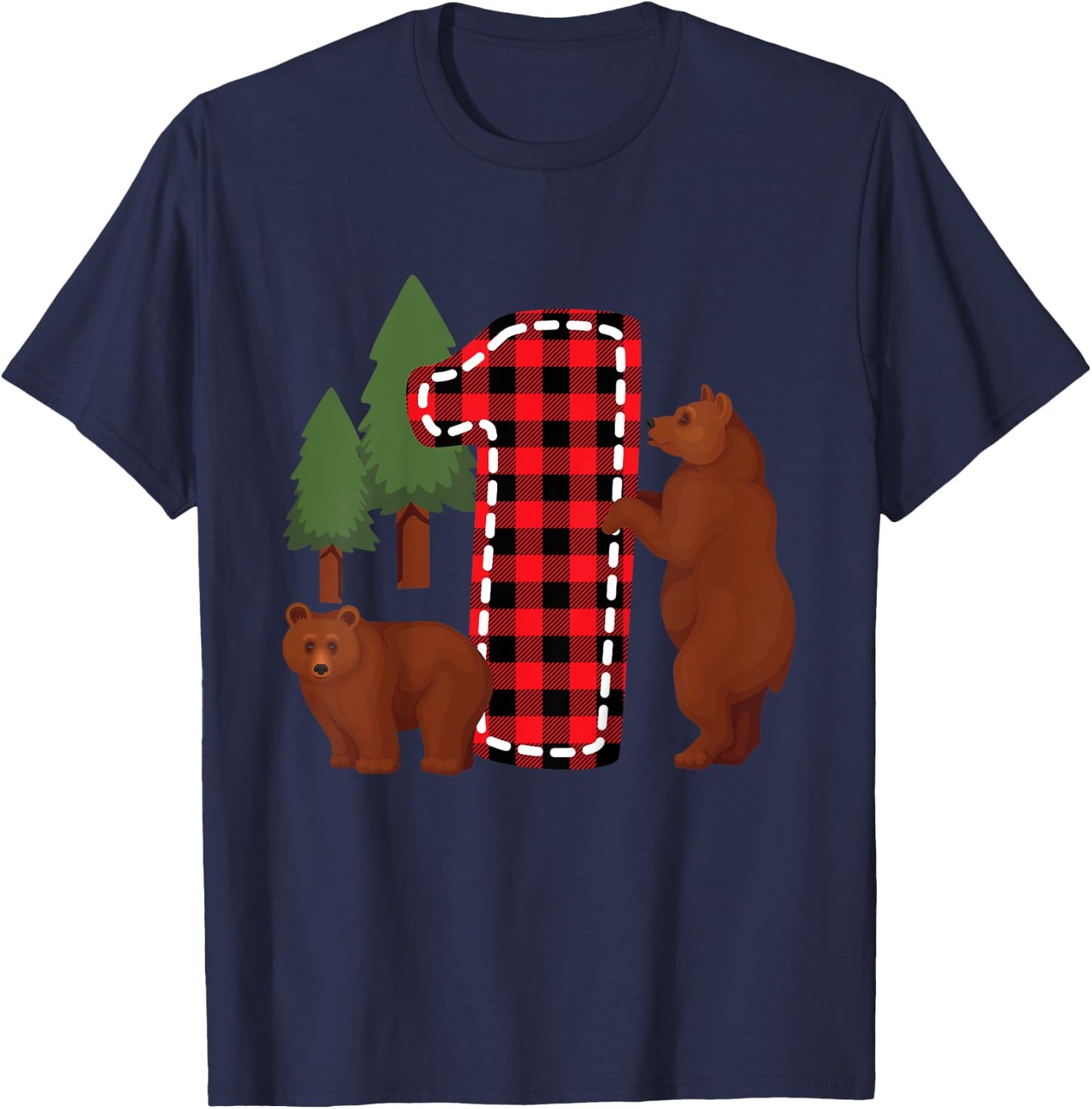 Kids 1 Year Old Lumberjack Birthday Party Bear Plaid Boy 1st Gift T-Shirt - T-Shirt | Navy