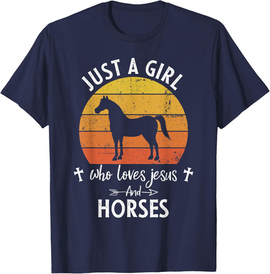 Just A Girl Who Loves Jesus And Horses Cute Christians Gift T-Shirt - T-Shirt | Navy