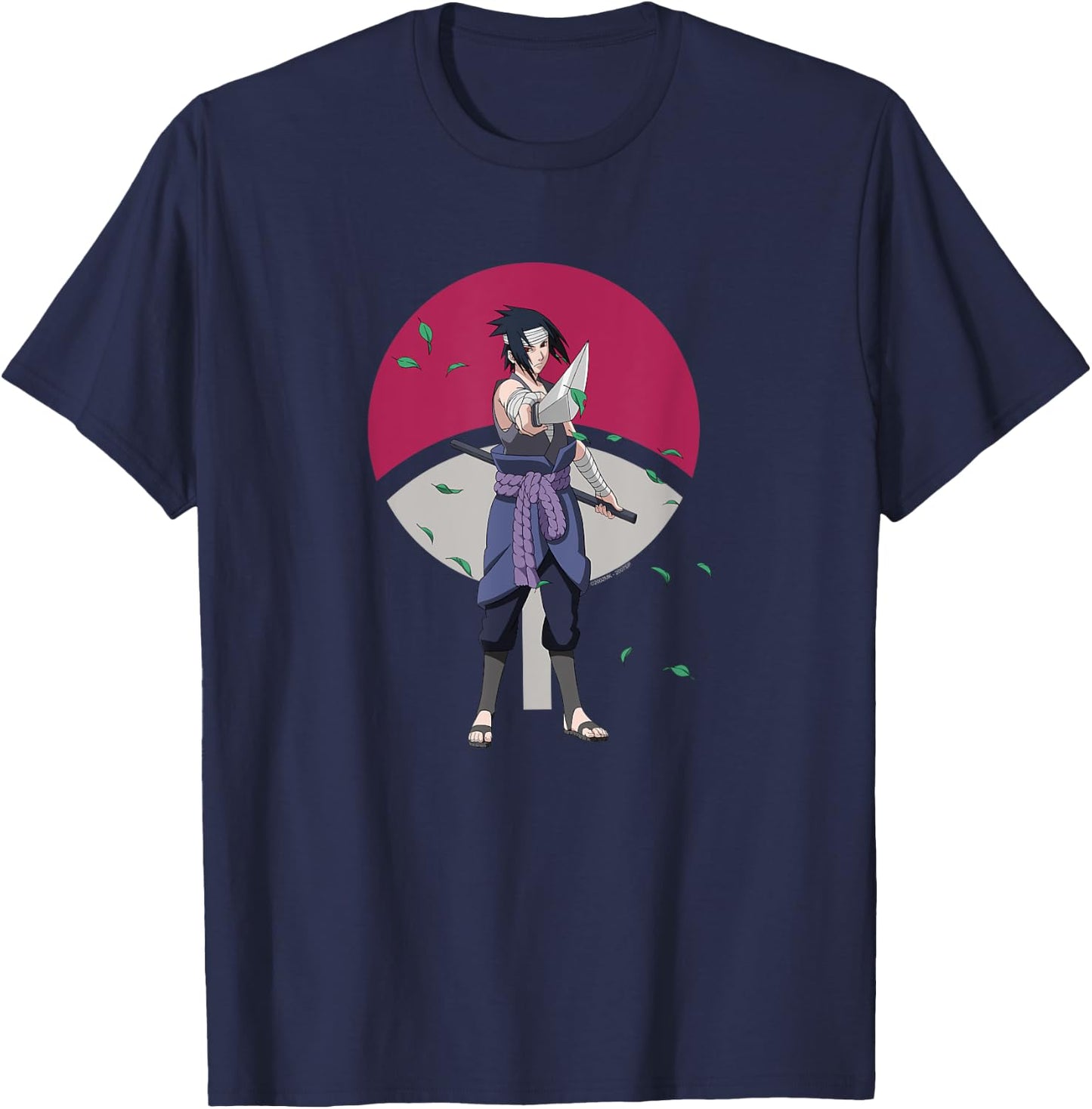 Naruto Shippuden Sasuke Uchiha Leaves and Symbol Anime T-Shirt - T-Shirt | Navy