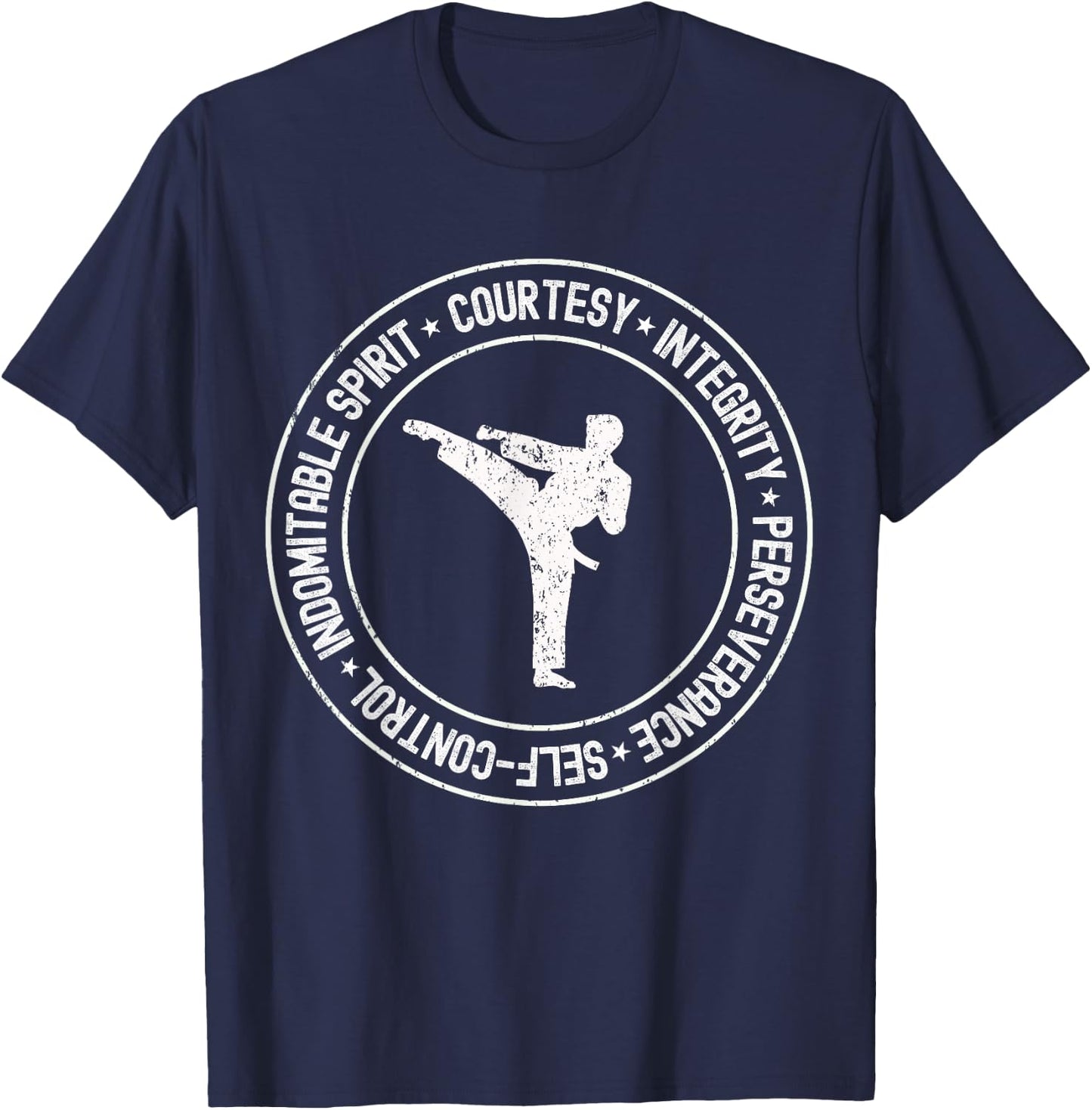 Distressed 5 Tenets of Taekwondo Taekwondo Kicking Outfit T-Shirt - T-Shirt | Navy