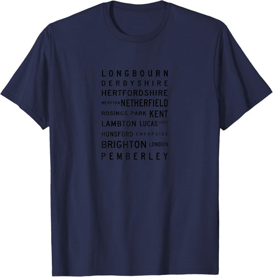 Jane Austen Pride and Prejudice Locations T-Shirt - T-Shirt | Navy