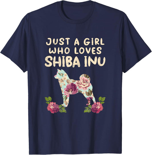 A Girl Who Loves Shiba Inu Floral Japanese Dog Akita Gift T-Shirt - T-Shirt | Navy