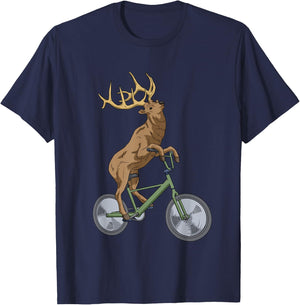 Bicycle Elk Shirt Boys Deer T Shirt Women Forest Nature Elk T-Shirt - T-Shirt | Navy