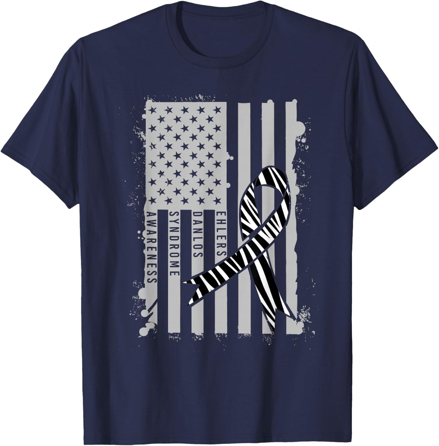 Patriotic Ehlers-Danlos Syndrome EDS Awareness Zebra Ribbon T-Shirt - T-Shirt | Navy