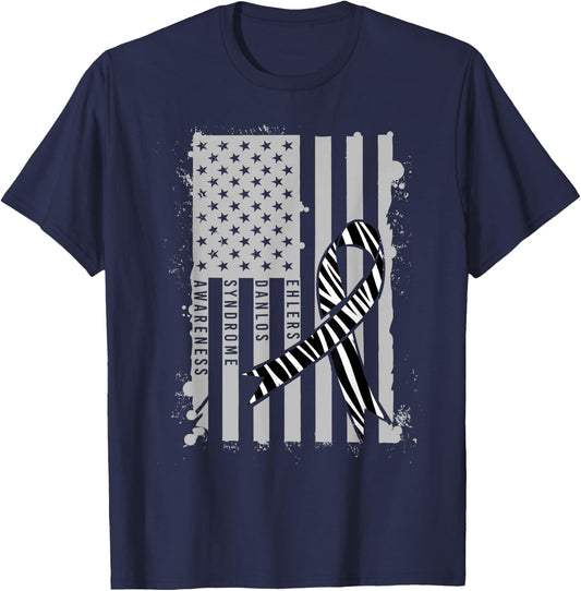 Patriotic Ehlers-Danlos Syndrome EDS Awareness Zebra Ribbon T-Shirt - T-Shirt | Navy