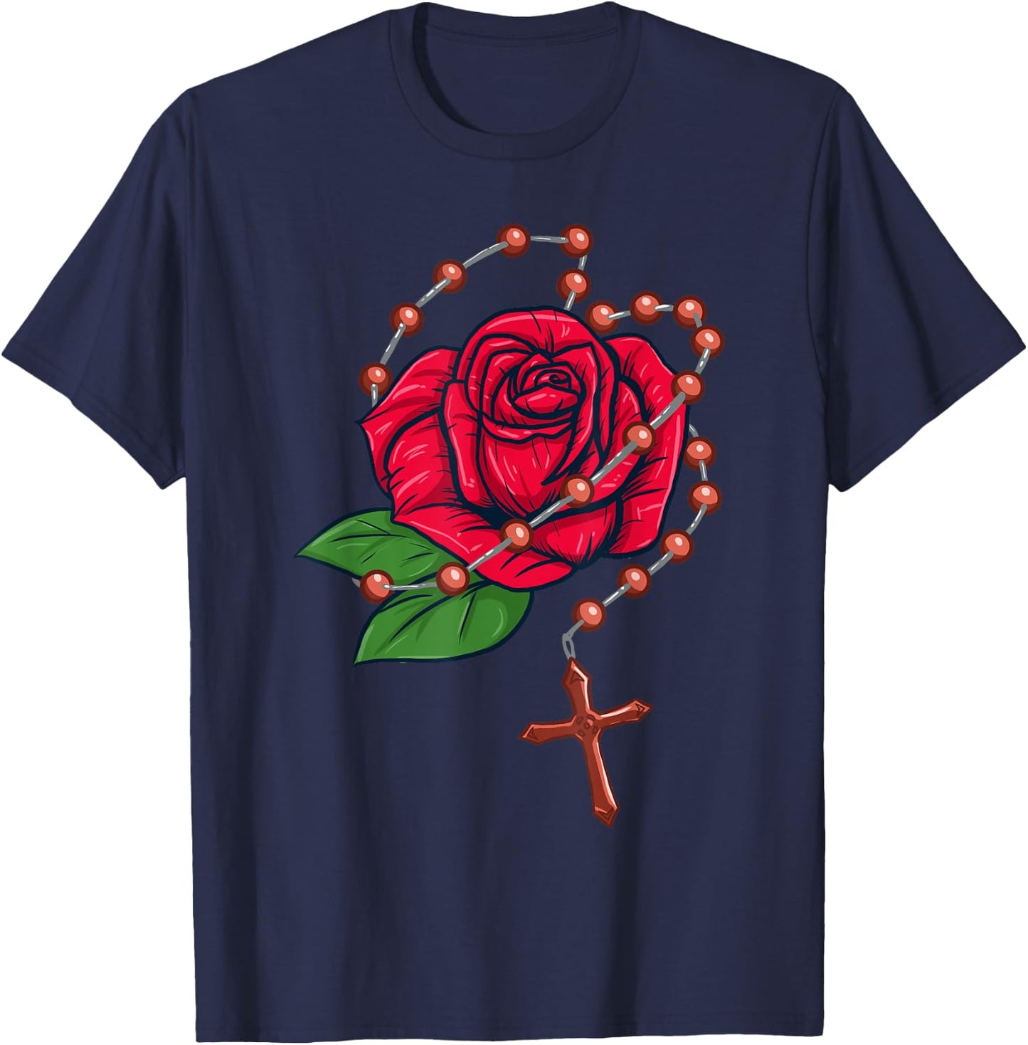Rosary Beads & Rose - Catholic Pray The Rosary T-Shirt - T-Shirt | Navy