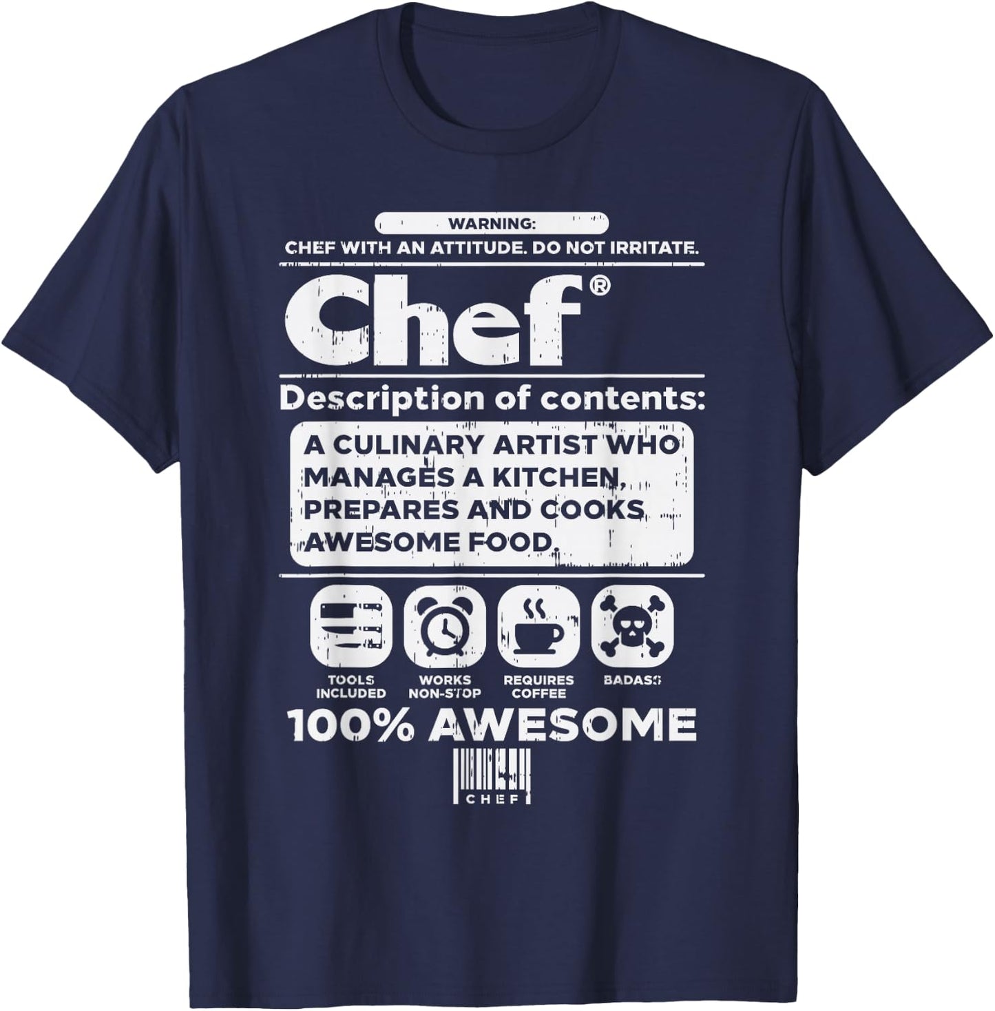 Warning Chef 100% Awesome Culinary Artist Men Women Gift T-Shirt - T-Shirt | Navy