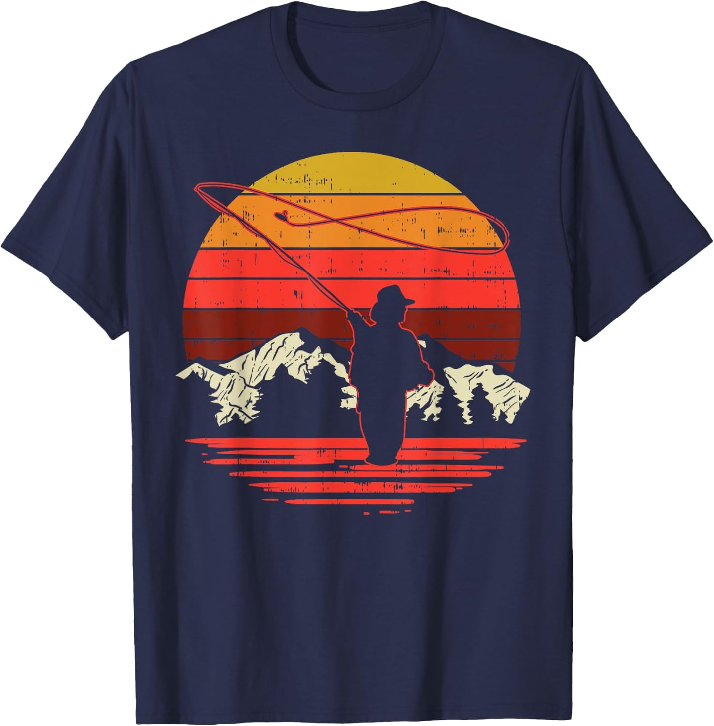 Fly Fishing Sunset Retro Trout Angling Fisherman Angler Gift T-Shirt - T-Shirt | Navy