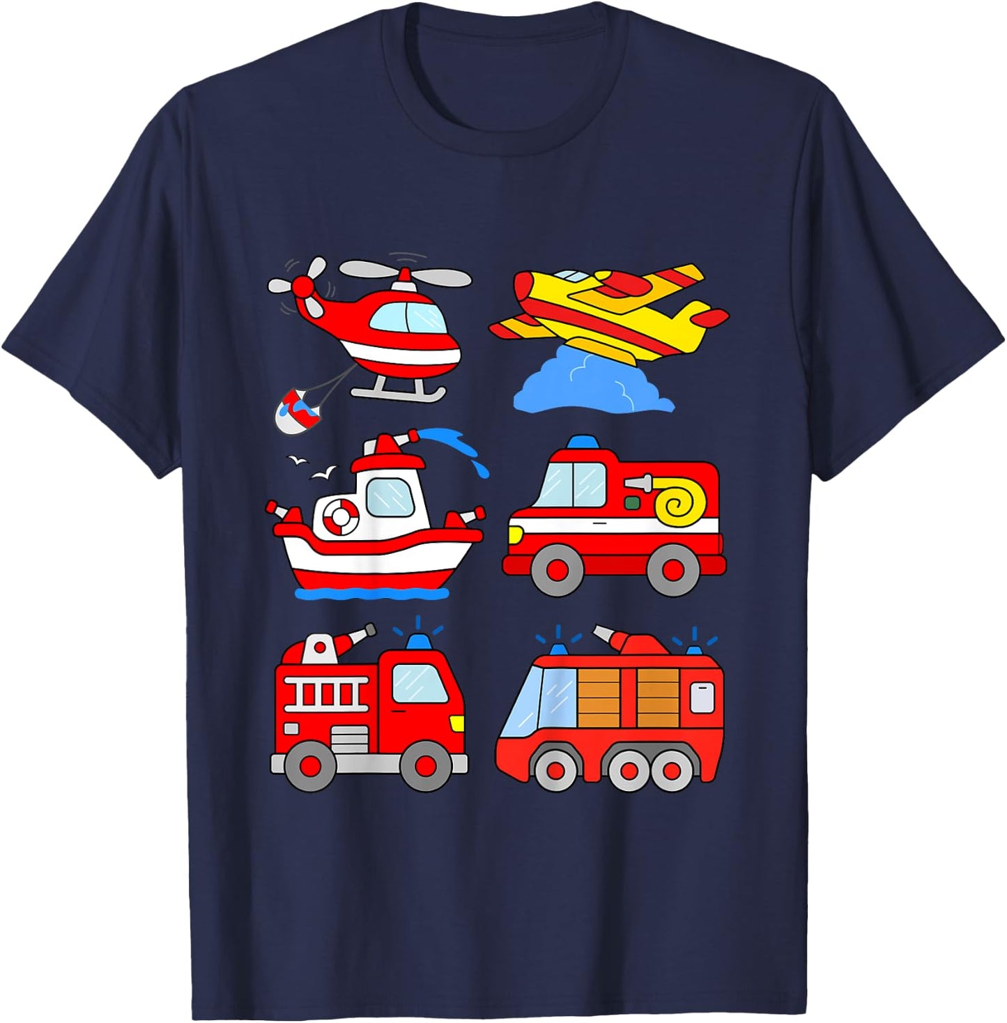 Kids Fire Engines Boys Toddlers Firefighter Boat Plane Helicopter T-Shirt - T-Shirt | Navy