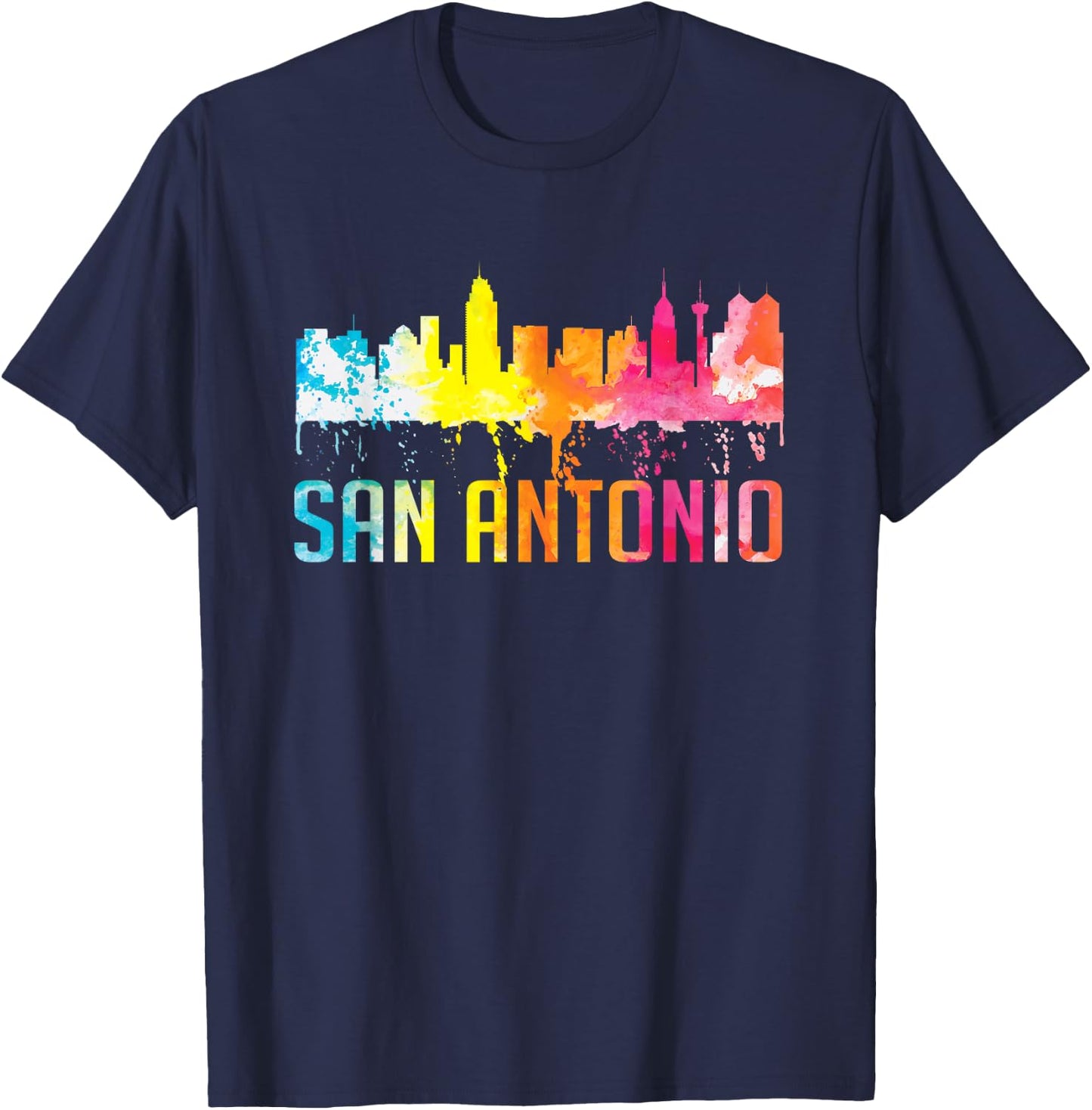 San Antonio Texas Retro Watercolor City Skyline Art Souvenir T-Shirt - T-Shirt | Navy