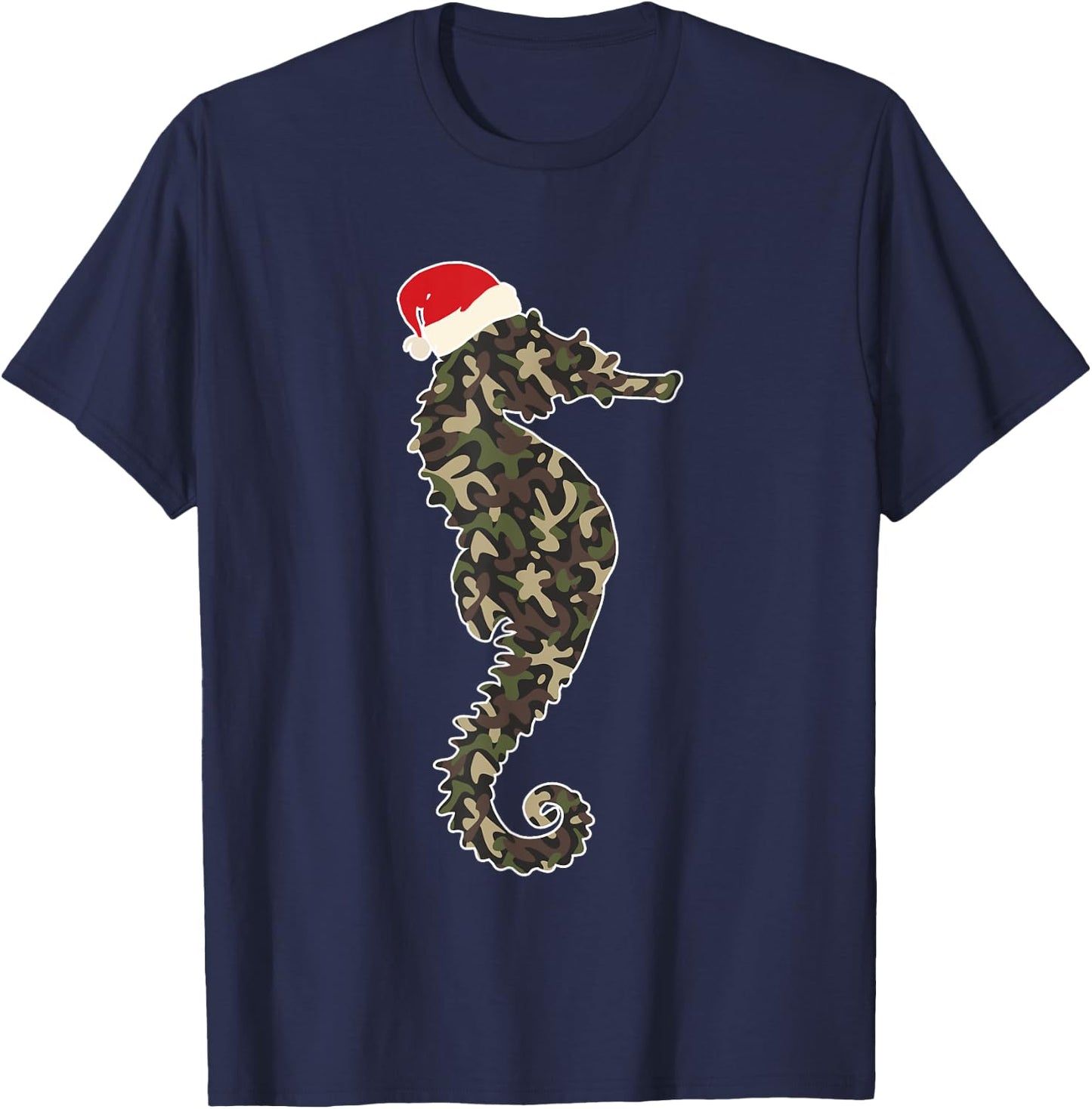Seahorse Lover Christmas Santa Hat Camouflage Illustration T-Shirt - T-Shirt | Navy