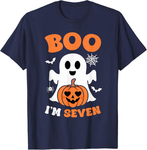 Ghost Boo I'm Seven Year 7th Birthday Boys Halloween Groovy T-Shirt - T-Shirt | Navy