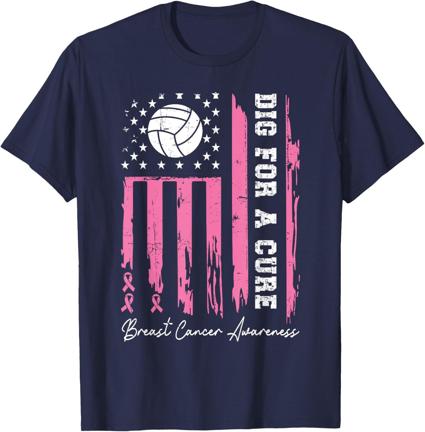 Dig For A Cure Breast Cancer Awareness Ribbon Volleyball T-Shirt - T-Shirt | Navy