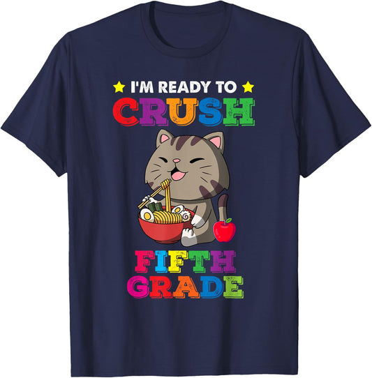 Ready to Crush 5th Grade Ramen Cat Back to School T-Shirt - T-Shirt | Navy
