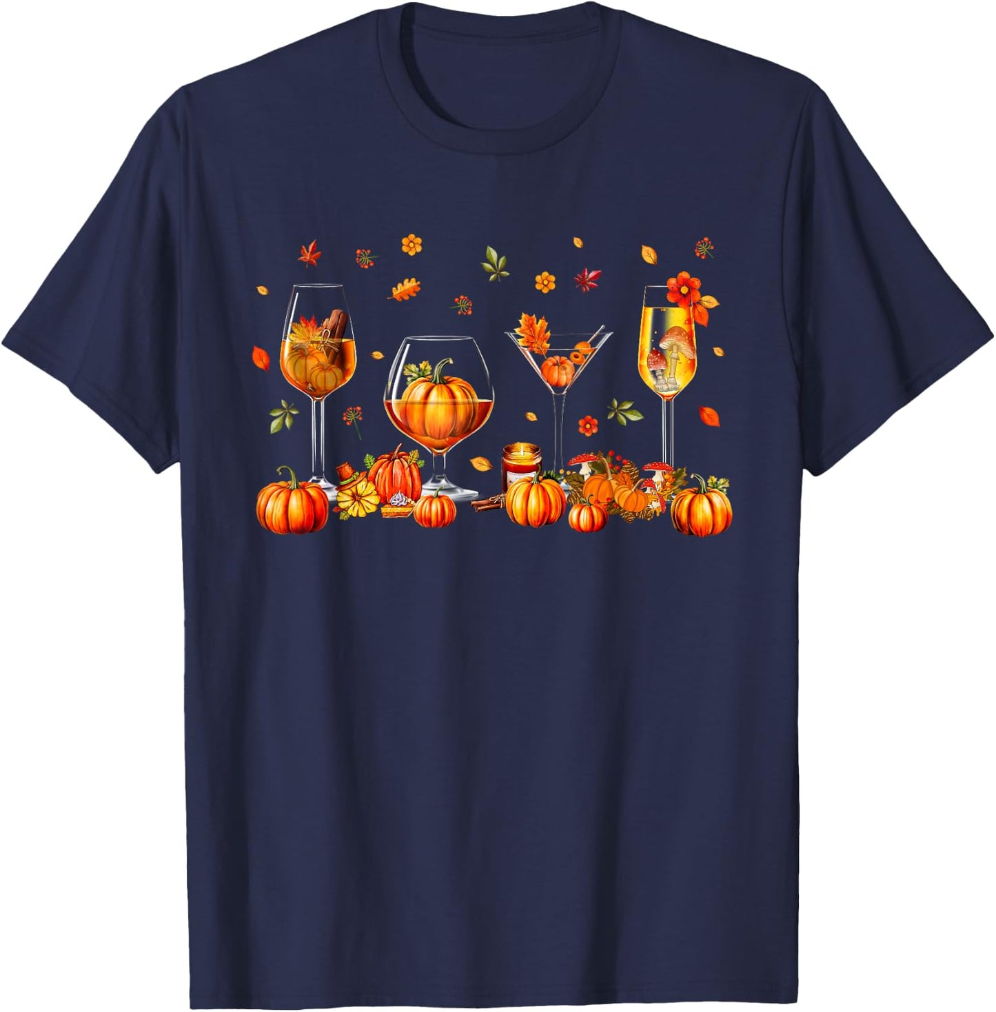 Wine Glasses Drinking Party Pumpkin Fall Season Thanksgiving T-Shirt - T-Shirt | Navy