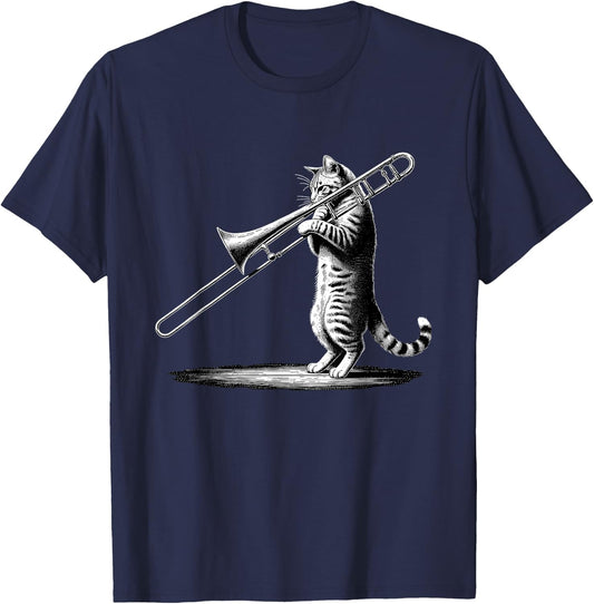Cat Playing Trombone Player Trombonist Instrument T-Shirt - T-Shirt | Navy